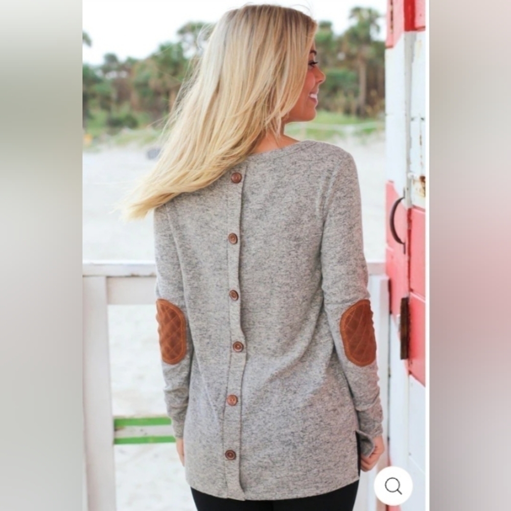 Taupe Lightweight Stretchy Sweater Elbow Patches Back Buttons Size Small